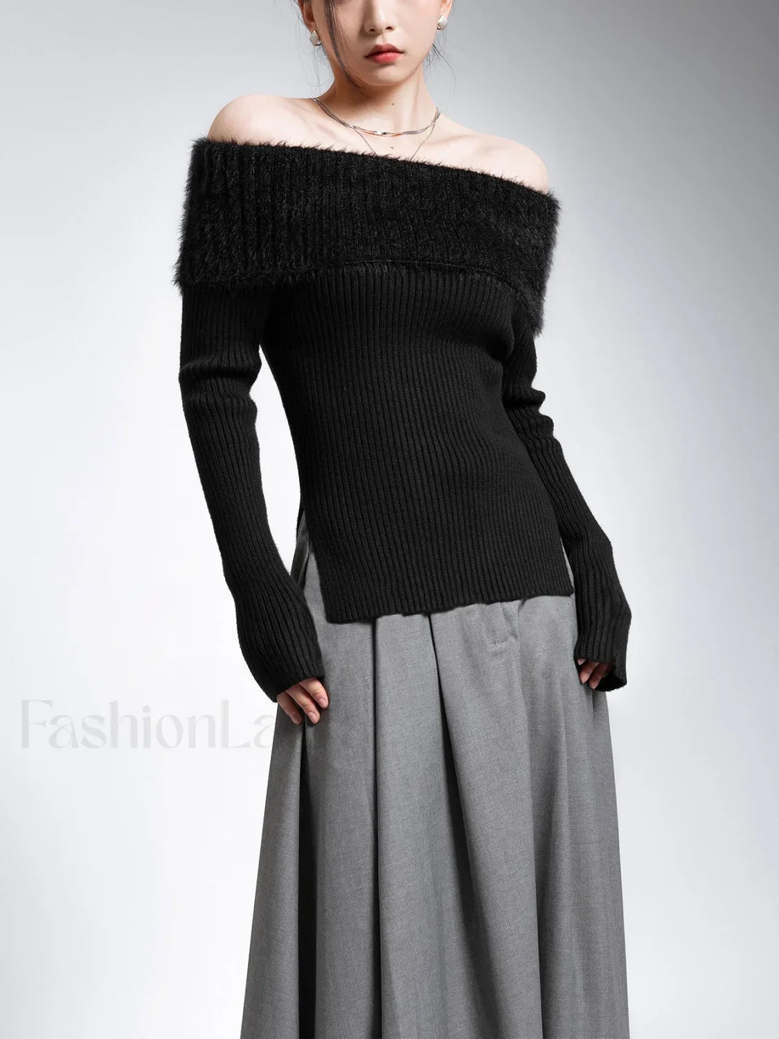 Fuzzy Off Shoulder Ribbed Modern Knit Patchwork Split Sweater