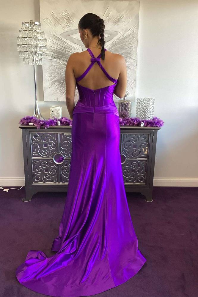 Cross-Neck Sleeveless Sheath Side Slit Stripe Pleated Satin Prom Formal Dress with Train