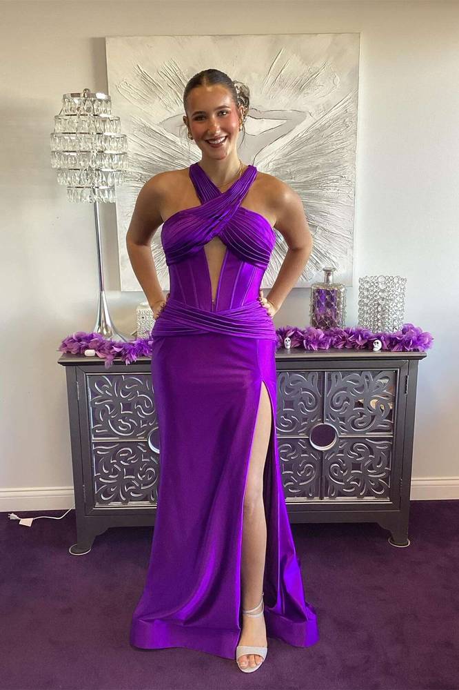 Cross-Neck Sleeveless Sheath Side Slit Stripe Pleated Satin Prom Formal Dress with Train
