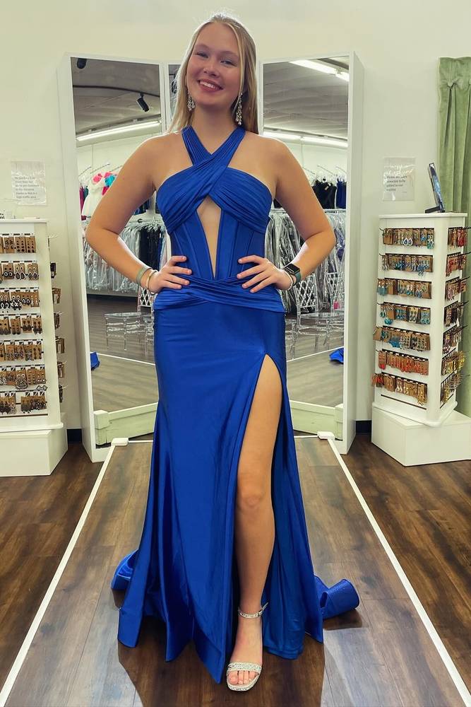 Cross-Neck Sleeveless Sheath Side Slit Stripe Pleated Satin Prom Formal Dress with Train