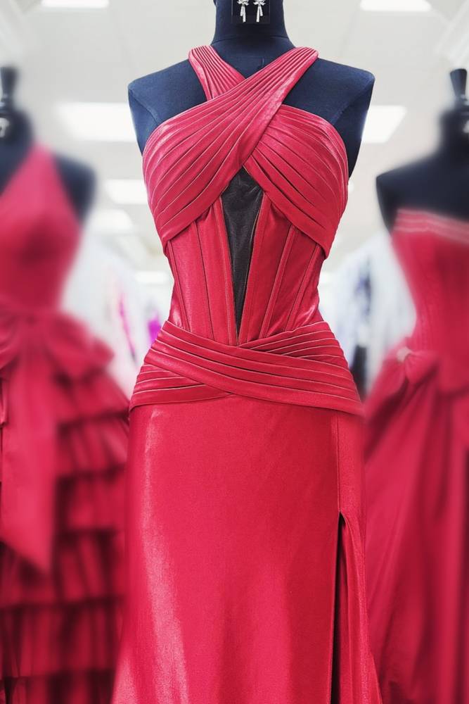 Cross-Neck Sleeveless Sheath Side Slit Stripe Pleated Satin Prom Formal Dress with Train