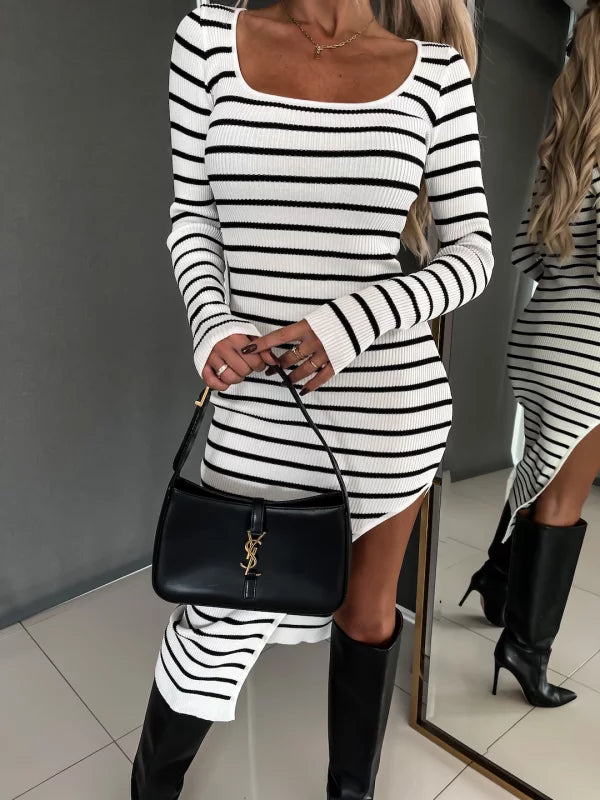 Striped Rib Knit Square Neck Long Sleeve High Split Bodycon Midi Dress