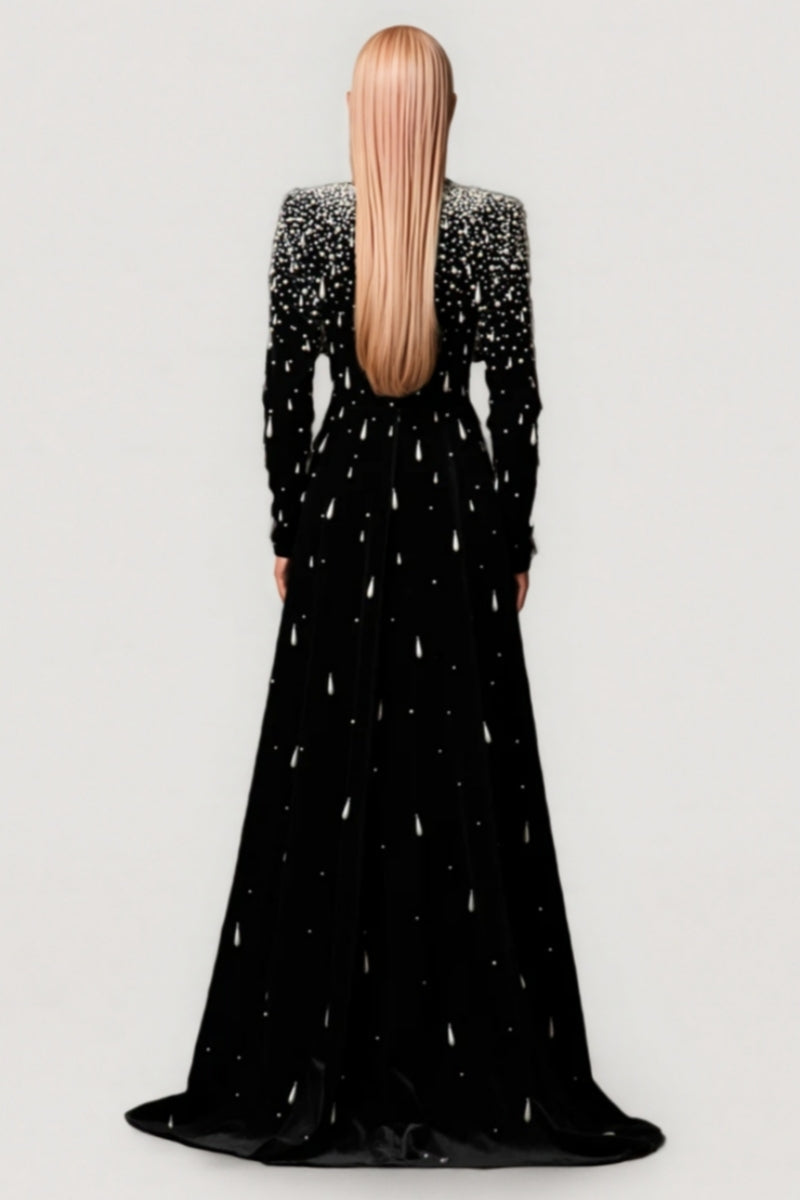 Velvet Mock Neck Long Sleeve Pearl Beaded Column Maxi Gown