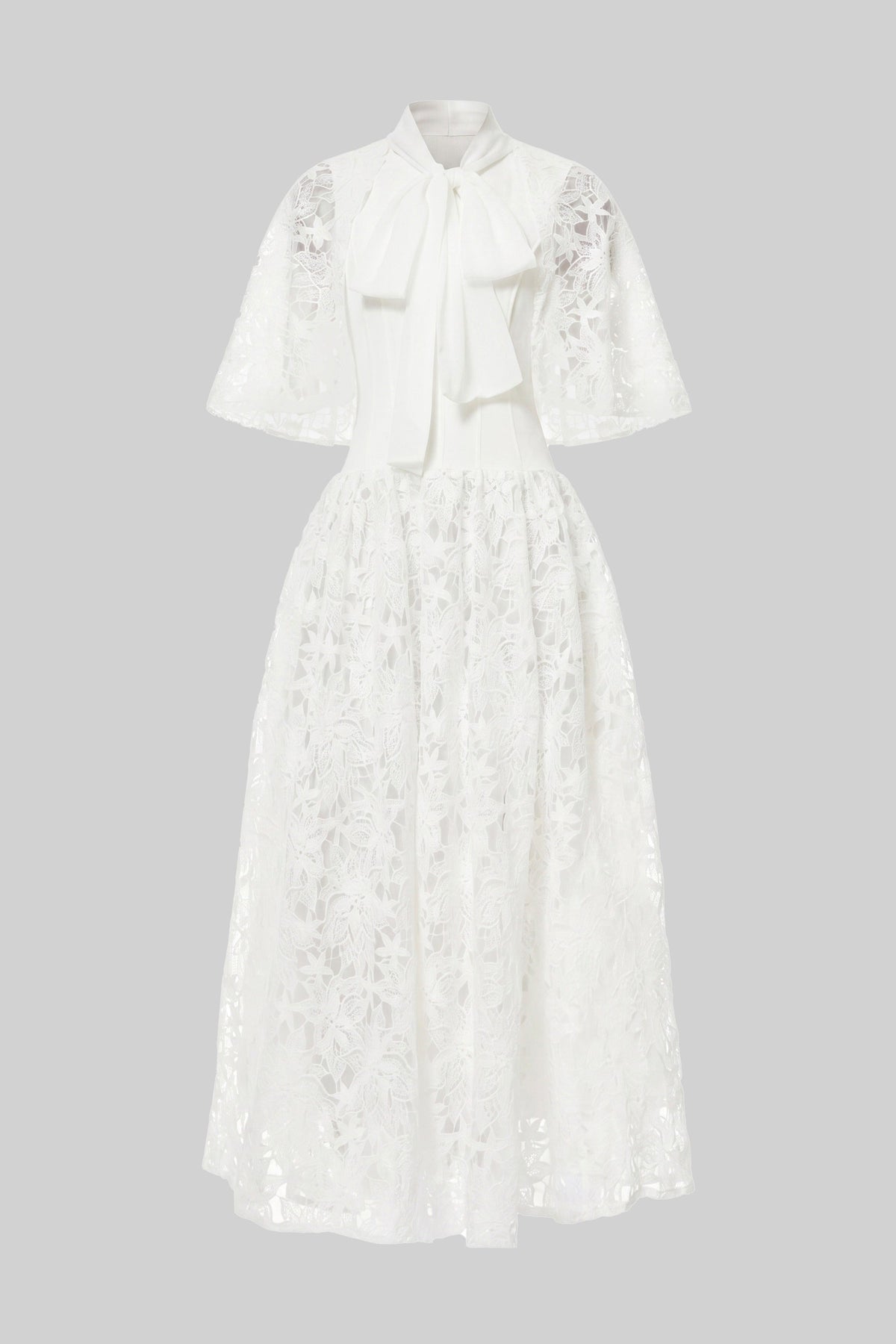 Bow Tie Neck Flutter Sleeve Floral Lace A-Line Midi Dress 2