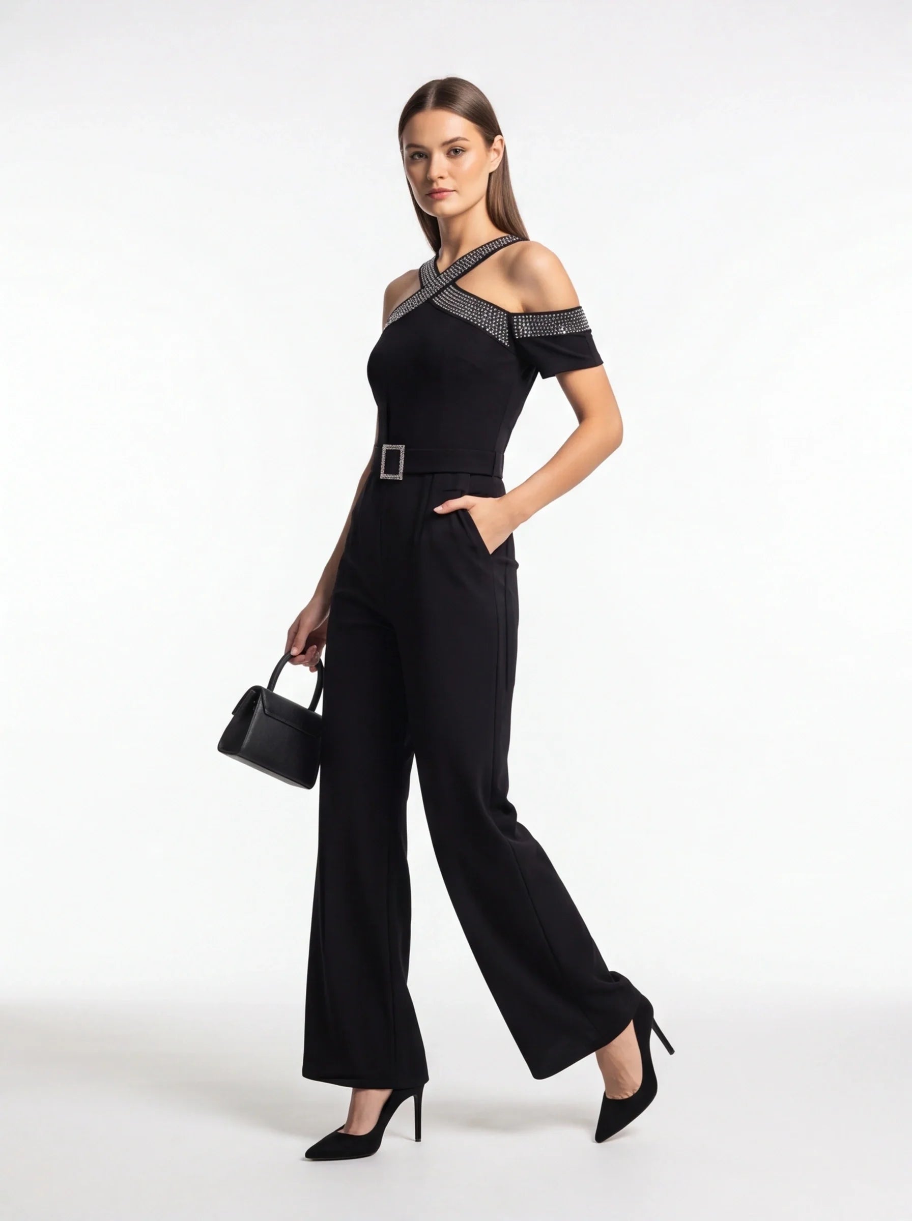 Elegant Cold Shoulder Jumpsuit with Pockets and Adjustable Straps