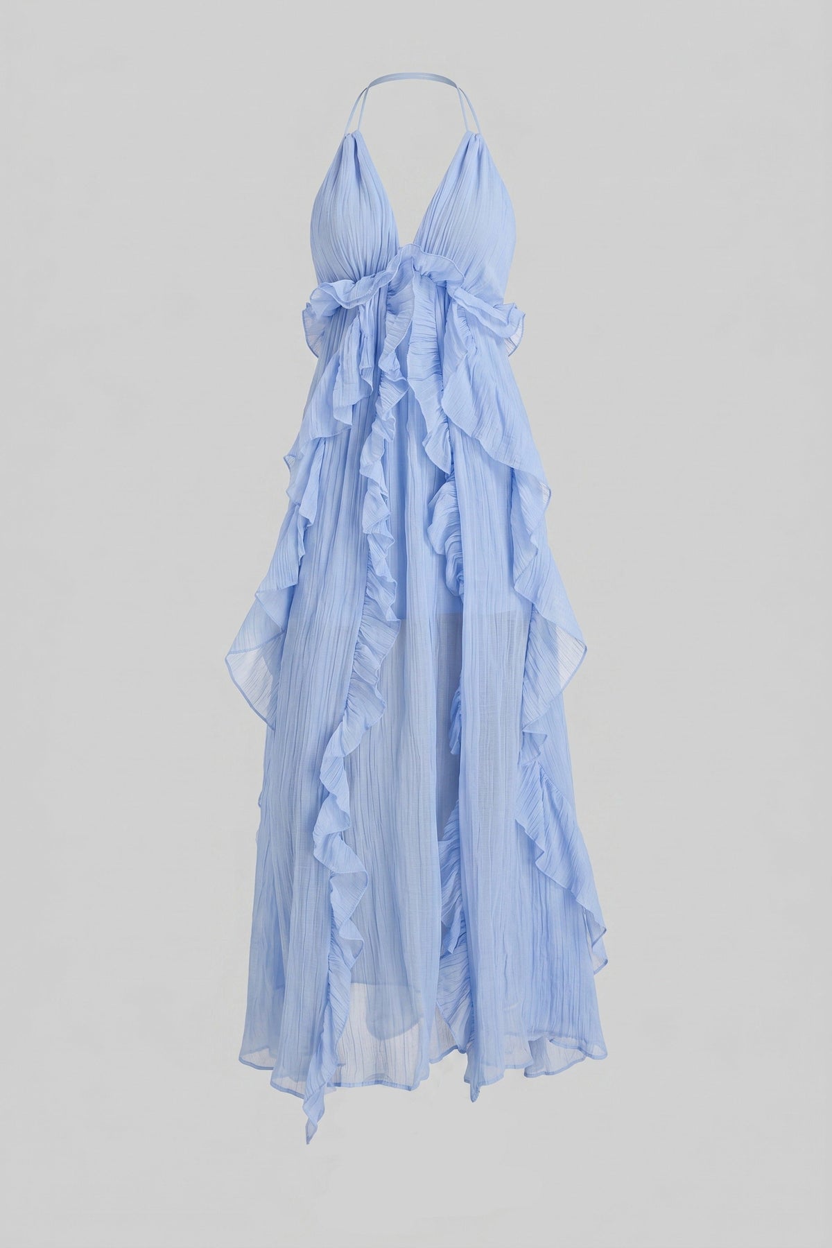 Deep V-Neck Spaghetti Strap Cascading Ruffle Pleated Maxi Dress 5