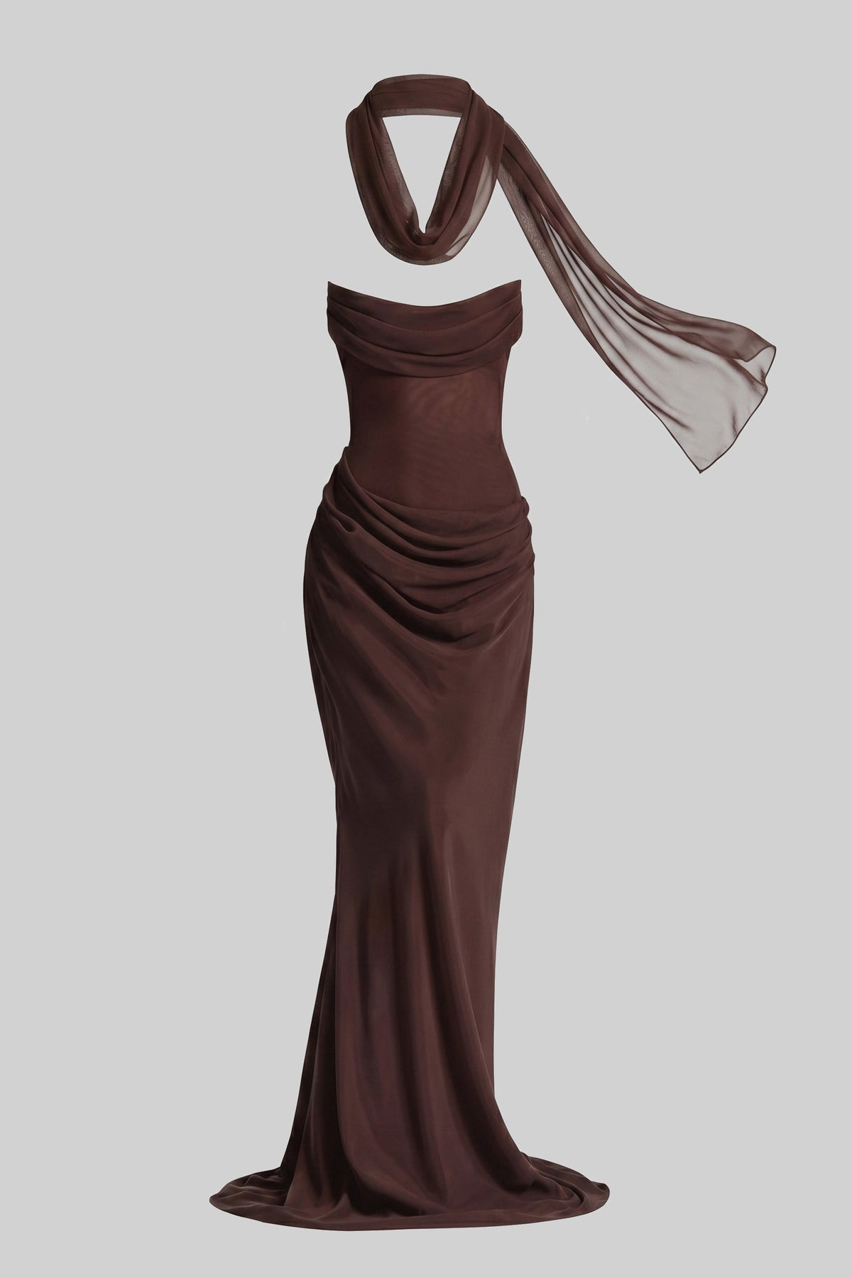 Strapless Cowl Neck Draped Sheer Mesh Maxi Gown with Scarf and Gloves 2