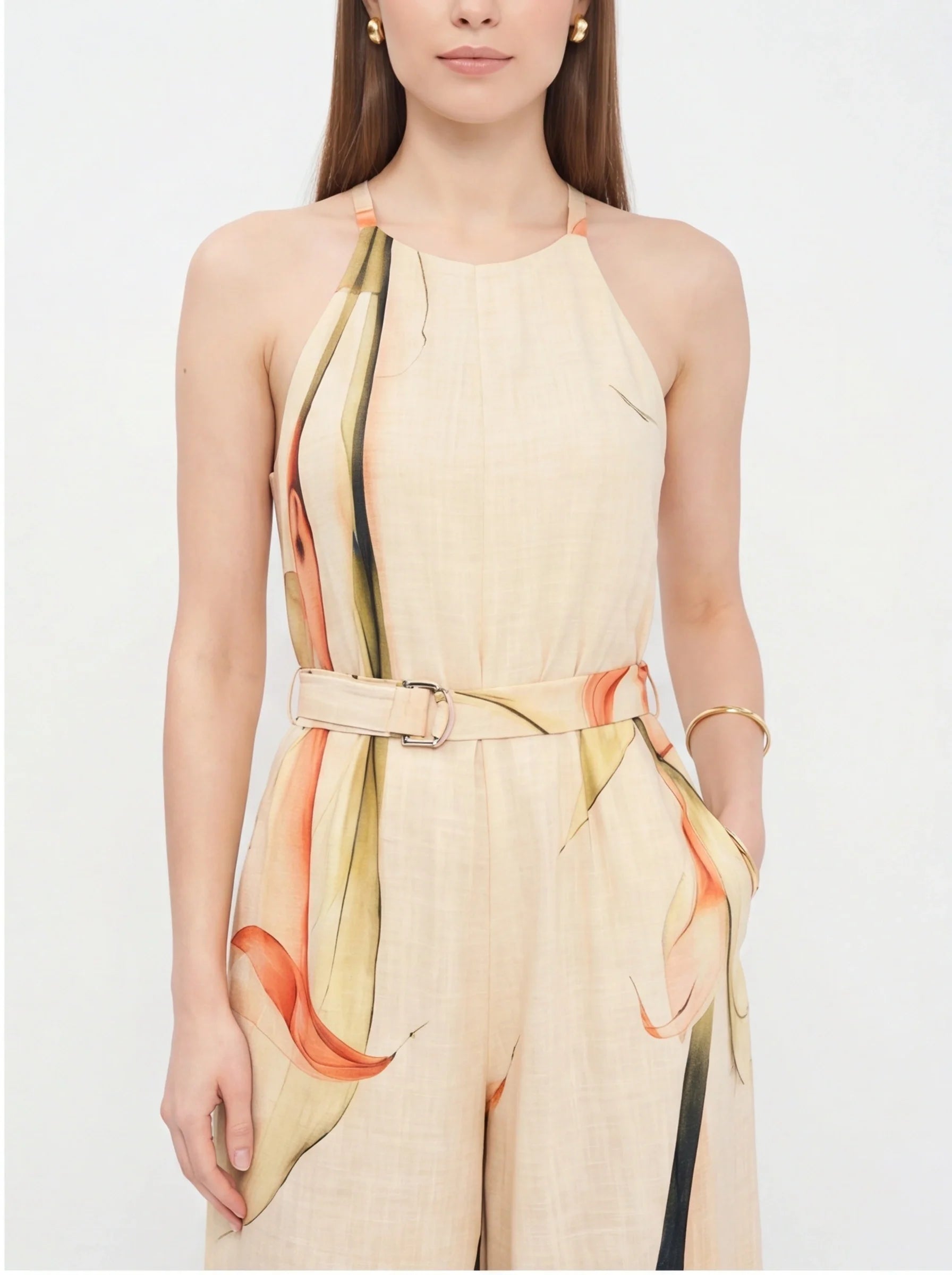 Elegant Floral Print Wide Leg Jumpsuit with Pockets & Adjustable Strap