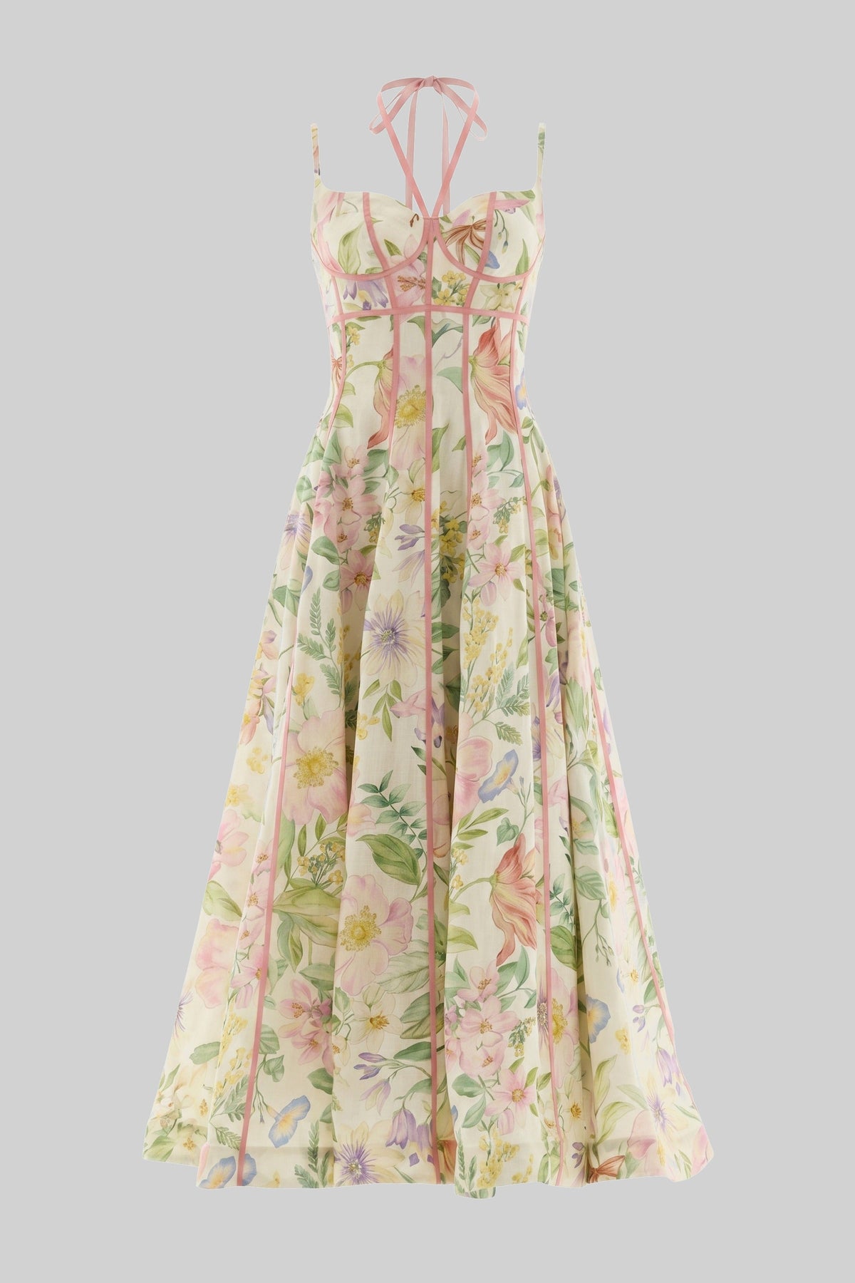 Floral Print Sweetheart Neck Contrast Piping Corset Fit and Flare Midi Dress 2