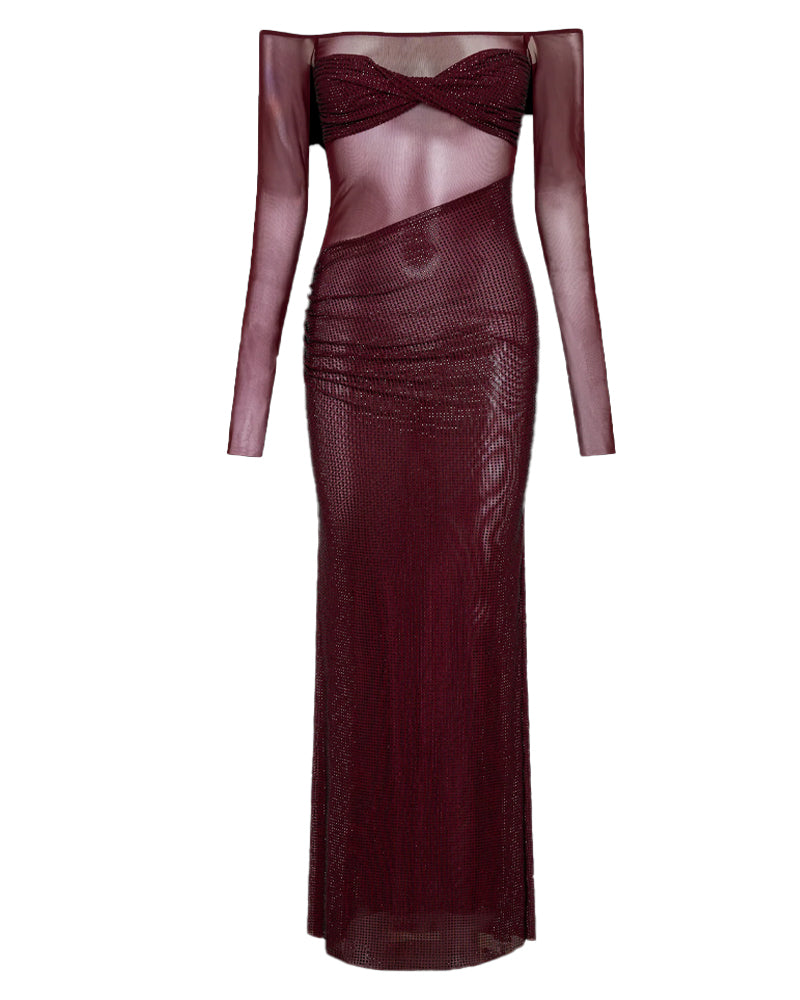 Off Shoulder Long Sleeve Sequin Mesh Maxi Dress 20