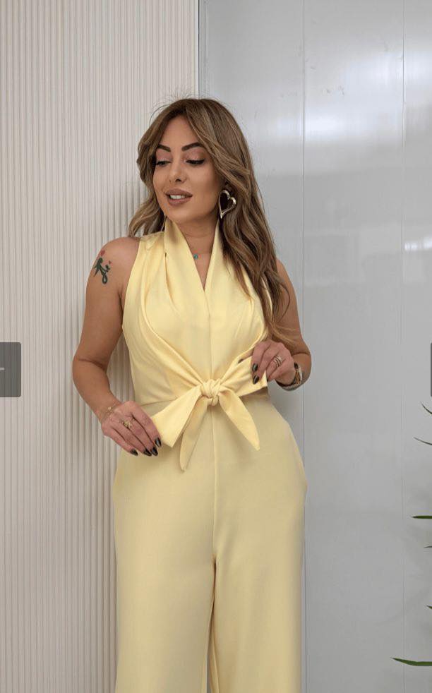 Halter Neck Tie Front Wide Leg Jumpsuit