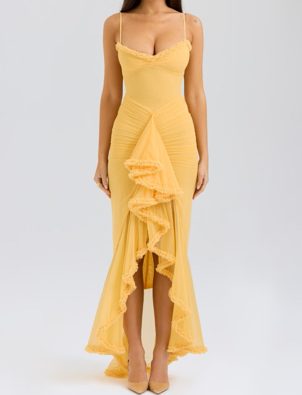 Spaghetti Strap Ruched Cascading Front Ruffle High Low Maxi Gown