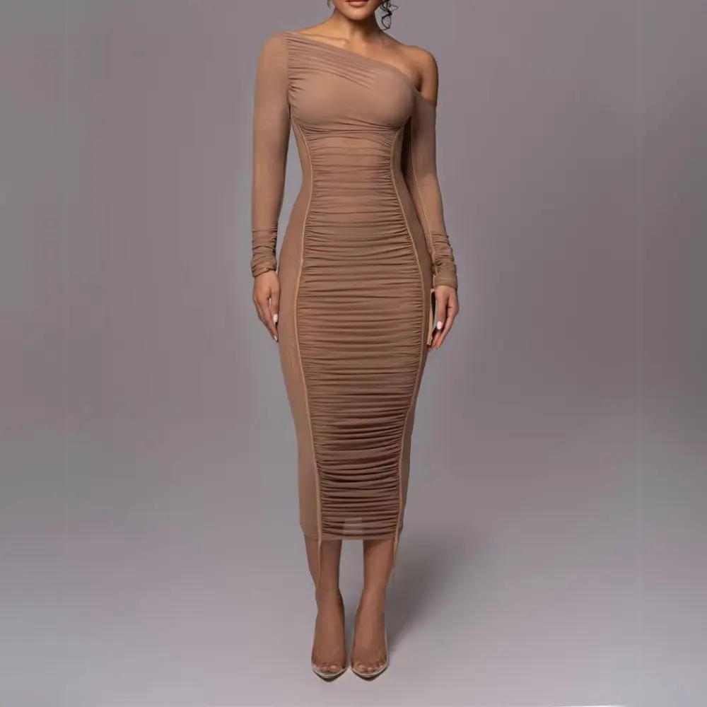 One Shoulder Long Sleeve Ruched Bodycon Midi Dress 5