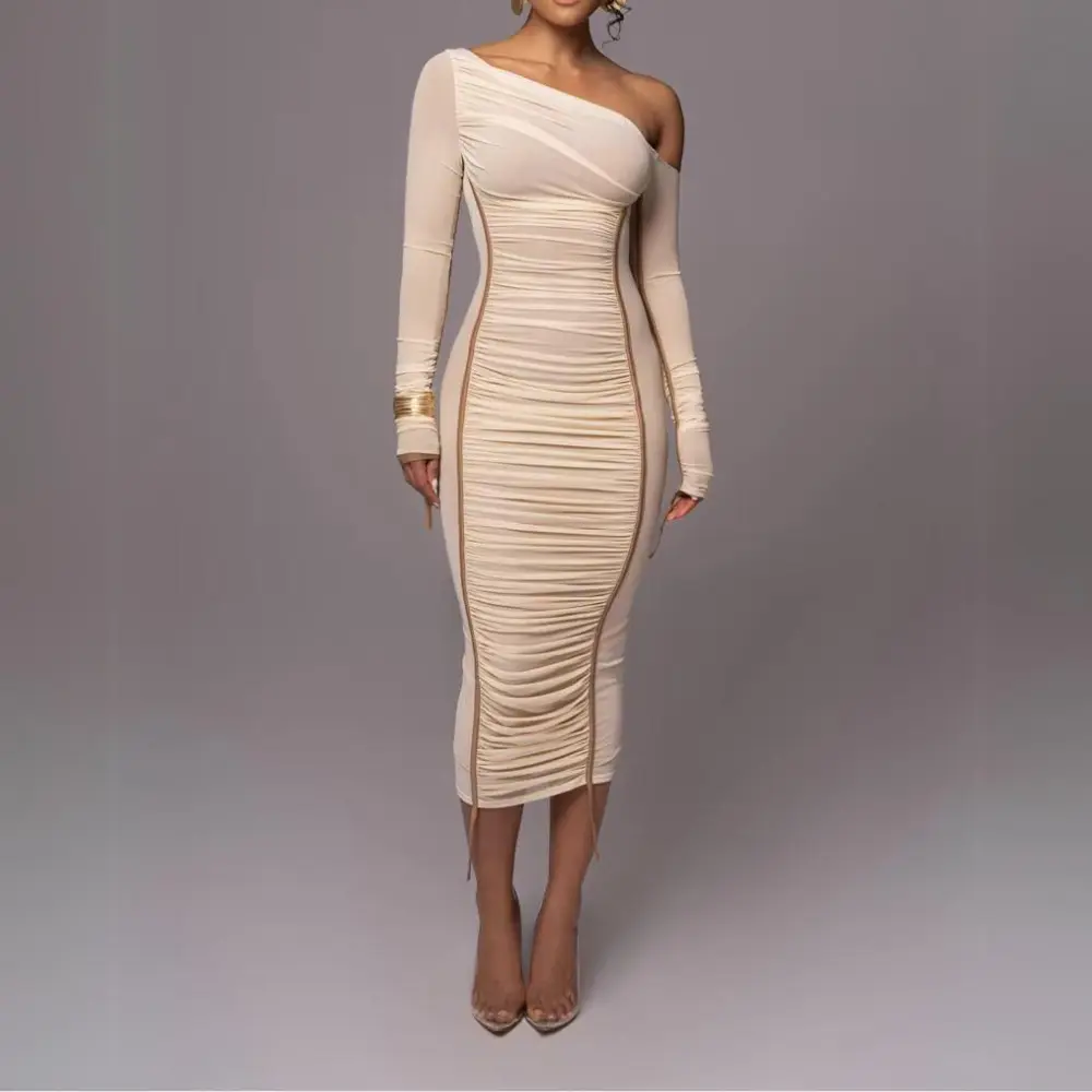 One Shoulder Long Sleeve Ruched Bodycon Midi Dress