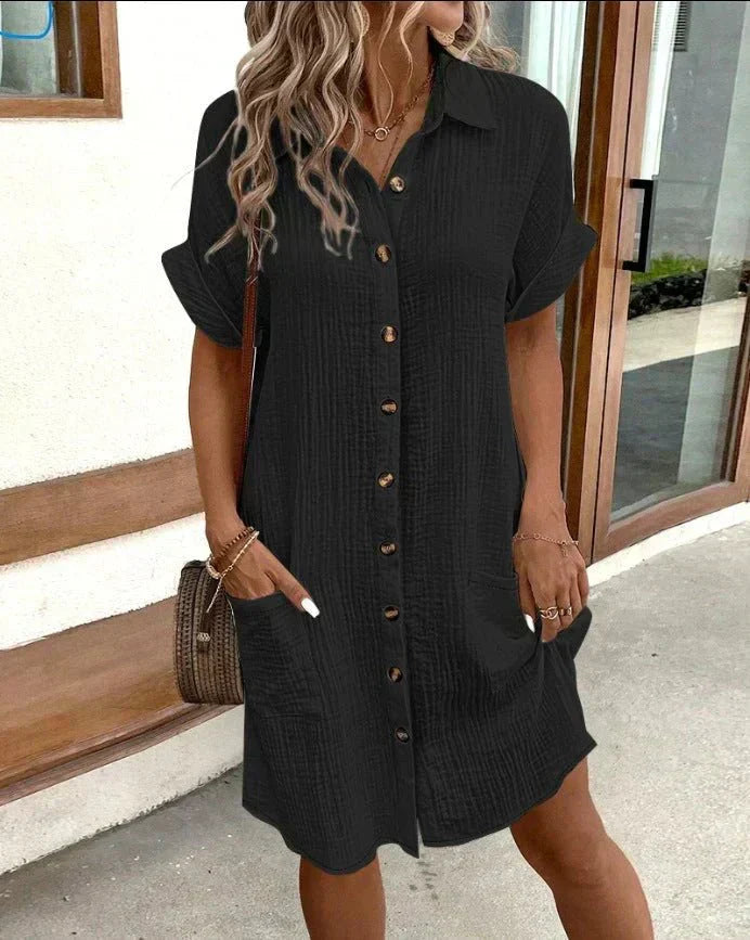 Crinkle Texture Short Sleeve Button Down Collar Patch Pocket Mini Shirt Dress