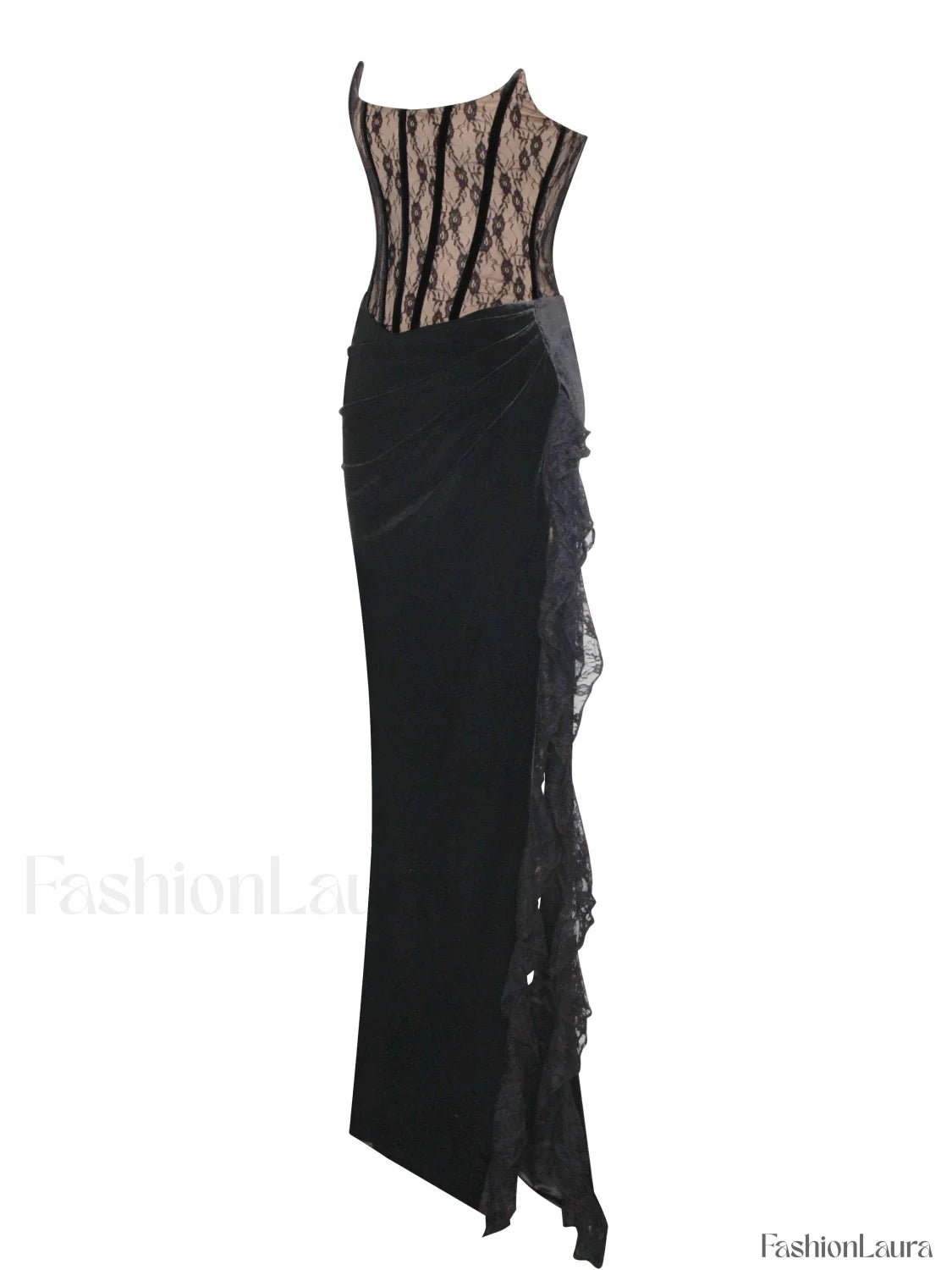 Gaia Black Lace Velvet Graceful Corset Side Slit Dress
