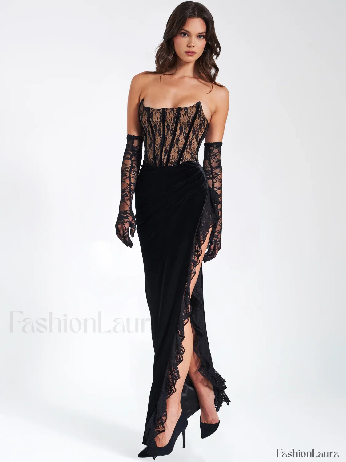 Gaia Black Lace Velvet Graceful Corset Side Slit Dress