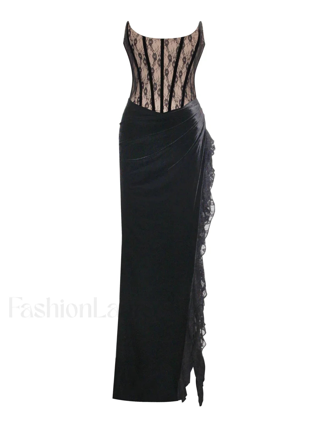 Gaia Black Lace Velvet Graceful Corset Side Slit Dress
