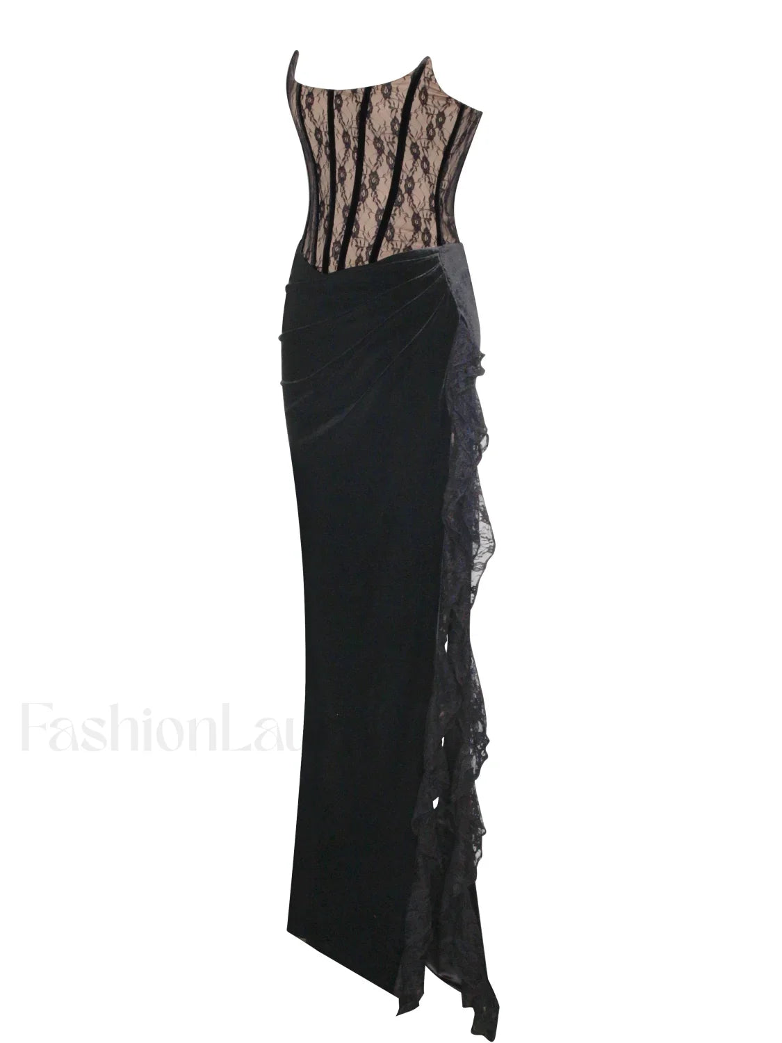 Gaia Black Lace Velvet Graceful Corset Side Slit Dress