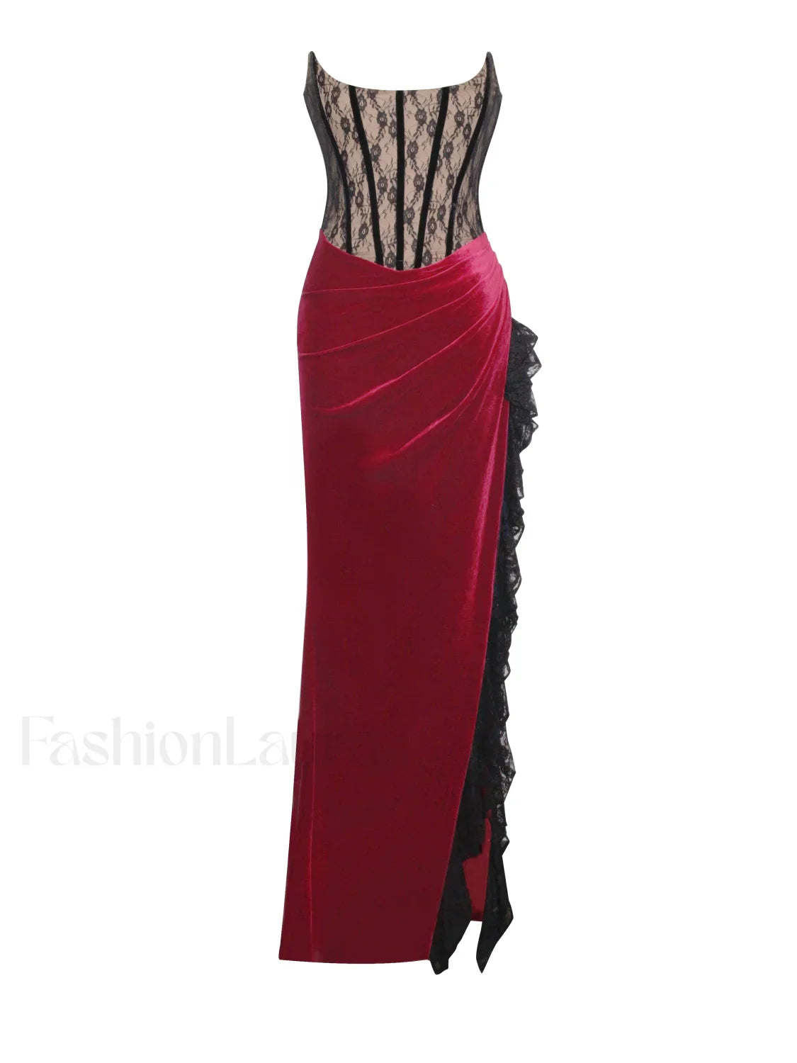 Gaia Burgundy Lace Velvet Graceful Corset Side Slit Dress