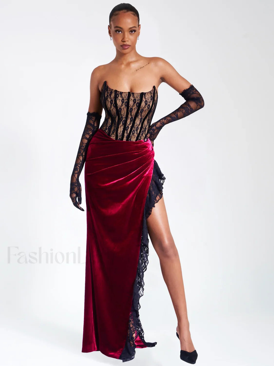 Gaia Burgundy Lace Velvet Graceful Corset Side Slit Dress