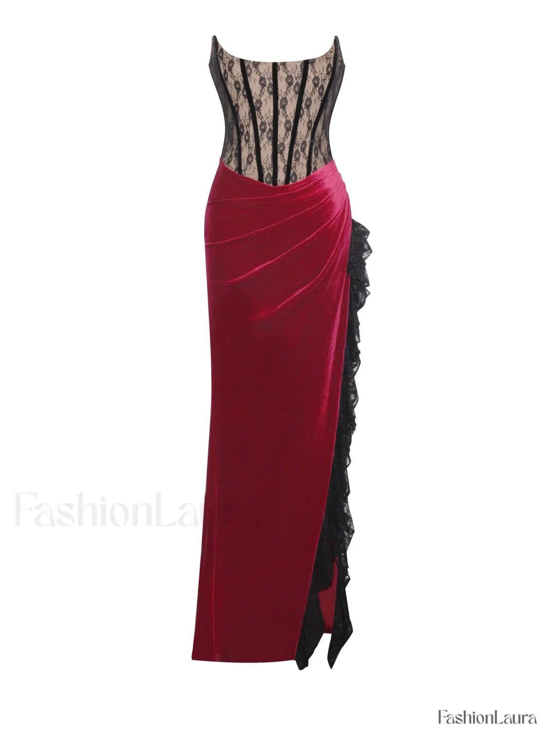 Gaia Burgundy Lace Velvet Graceful Corset Side Slit Dress