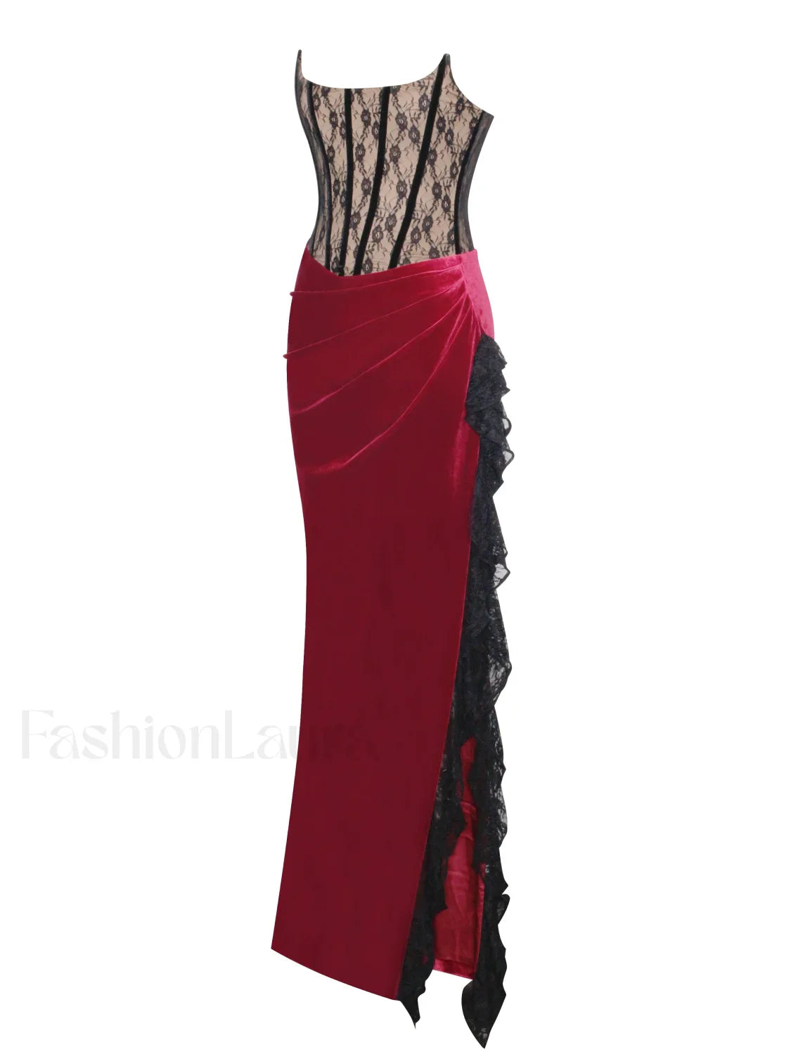 Gaia Burgundy Lace Velvet Graceful Corset Side Slit Dress