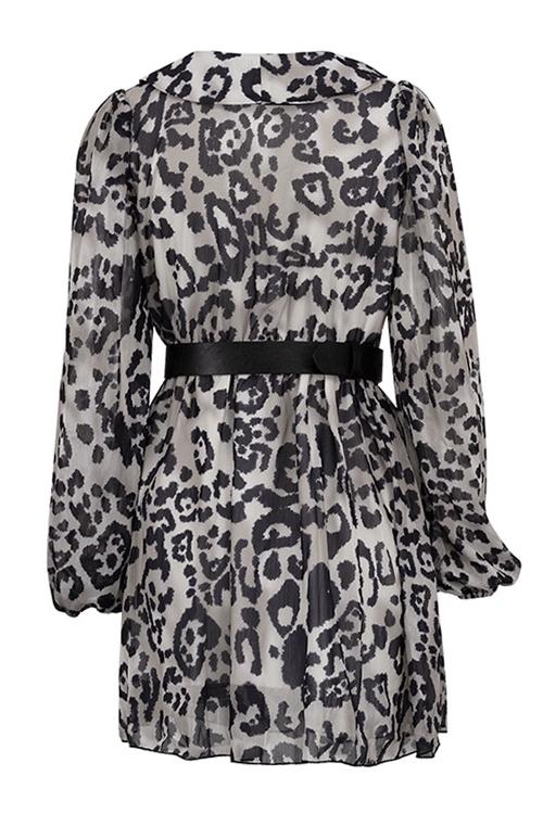 Leopard Print Chiffon V-Neck Collared Long Sleeve Mini Dress 6