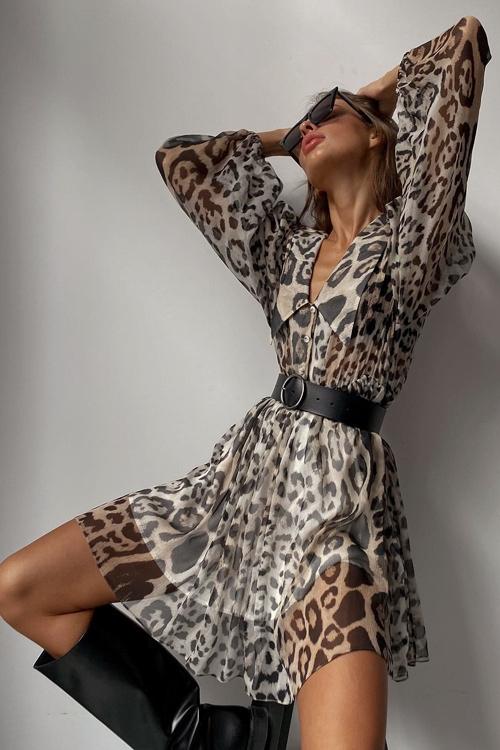 Leopard Print V-Neck Long Sleeve Belted Chiffon Mini Dress 3