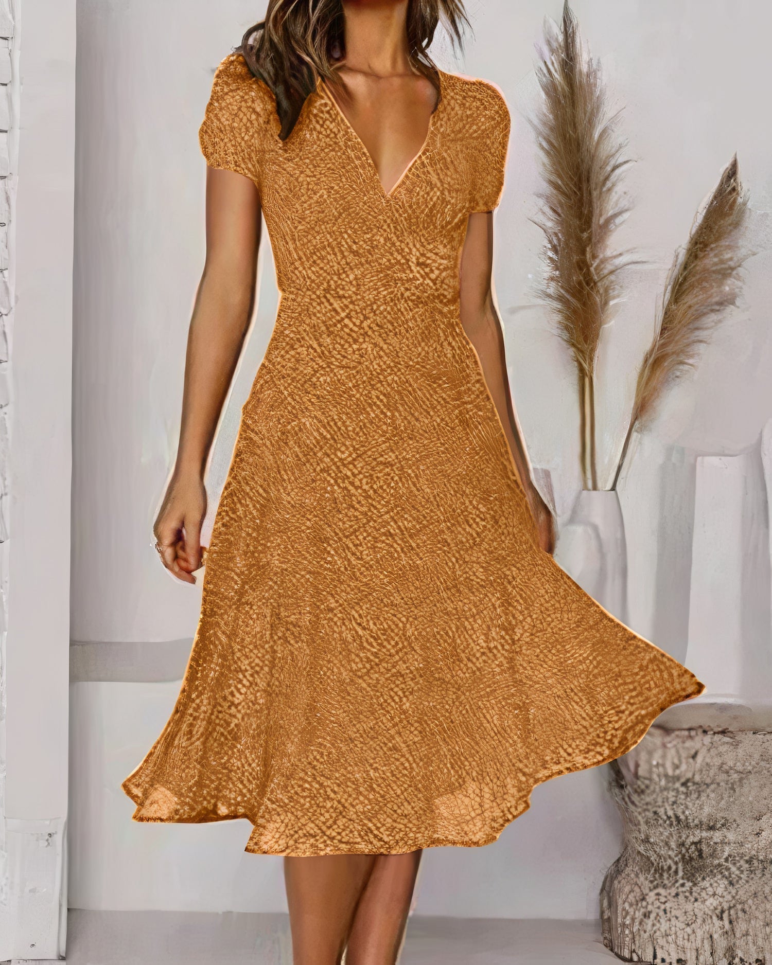 Deep V-Neck Puff Sleeve Fit and Flare A-Line Knee Length Summer Dress
