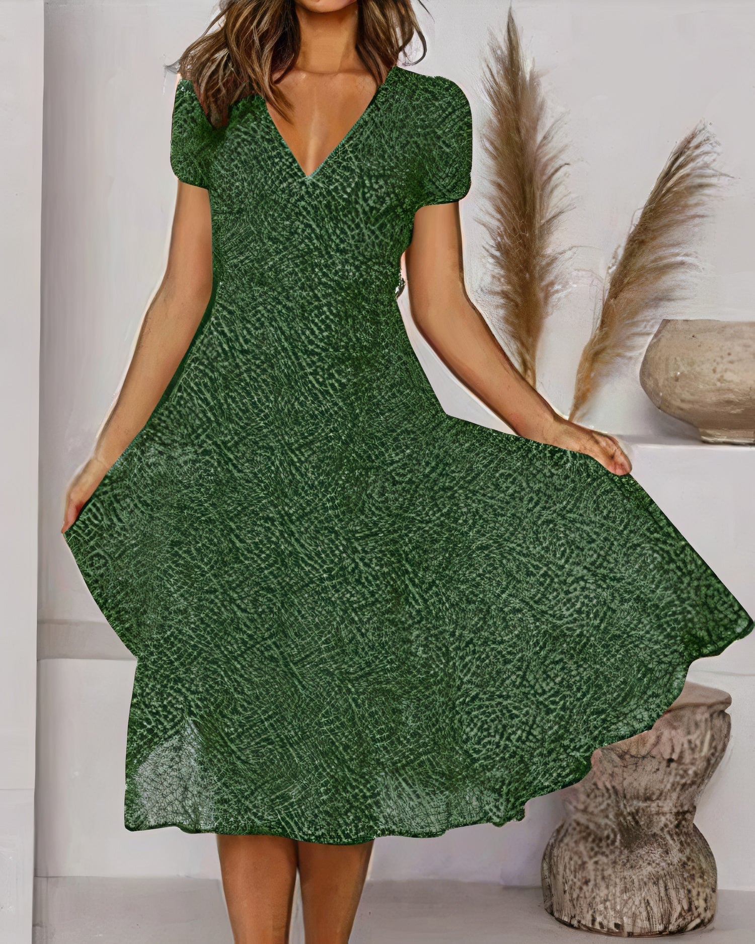 Deep V-Neck Puff Sleeve Fit and Flare A-Line Knee Length Summer Dress