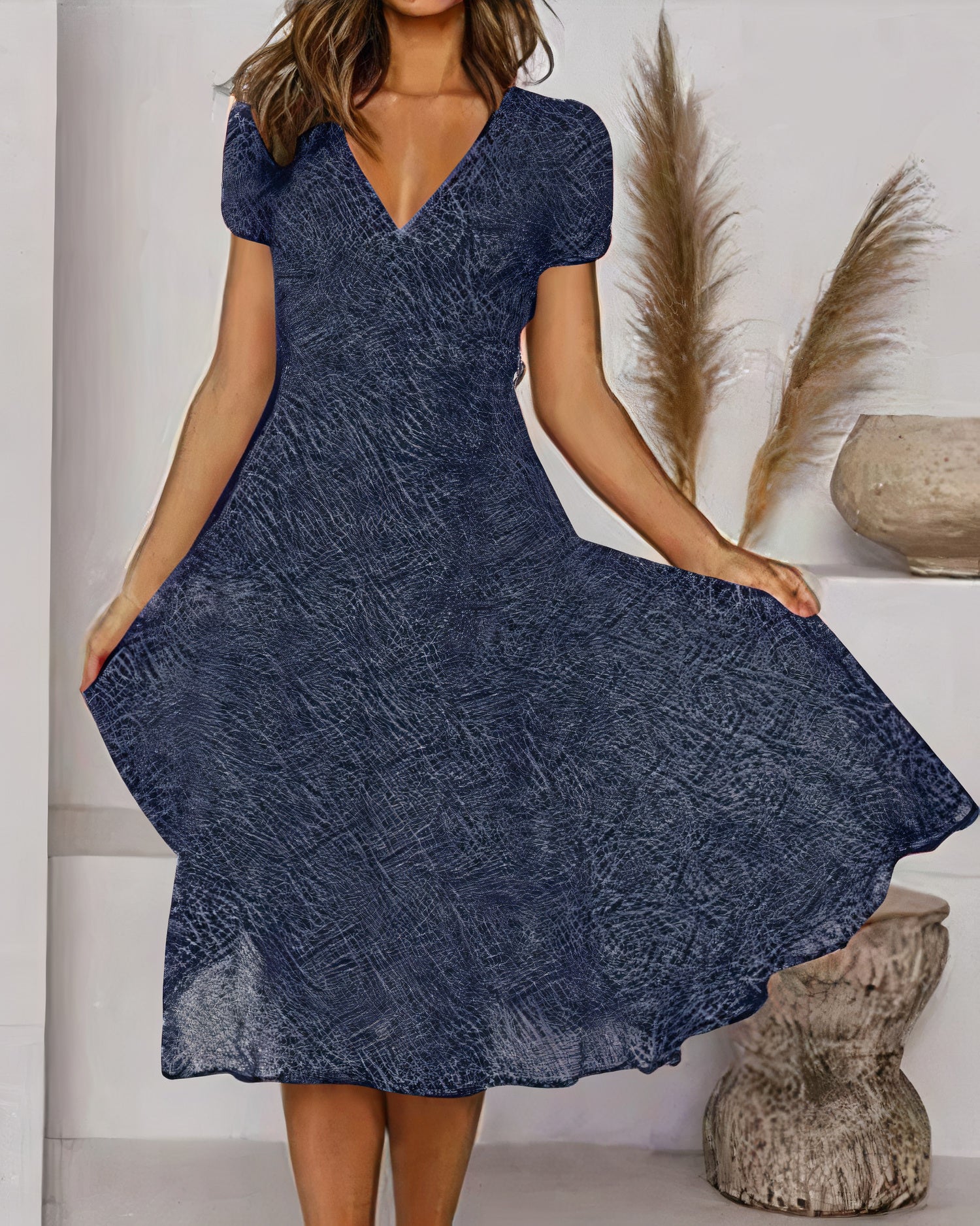 Deep V-Neck Puff Sleeve Fit and Flare A-Line Knee Length Summer Dress