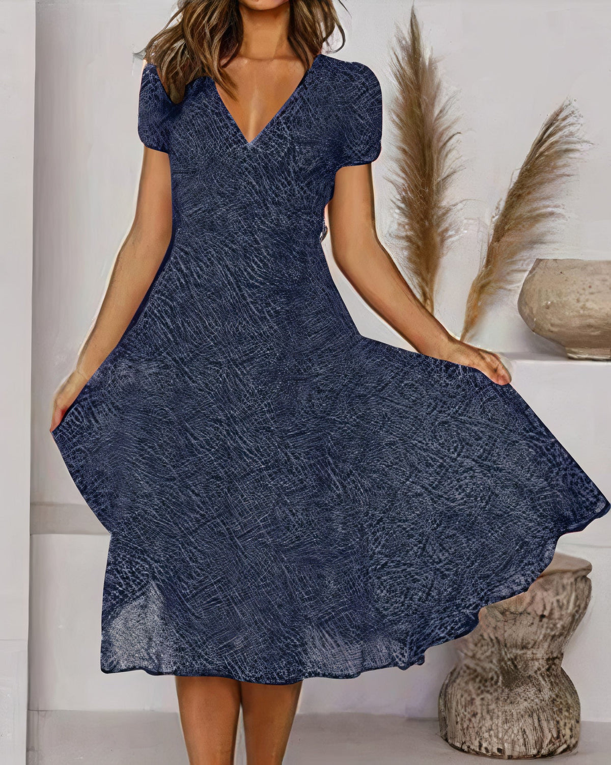 Deep V-Neck Puff Sleeve Fit and Flare A-Line Knee Length Summer Dress - View 4