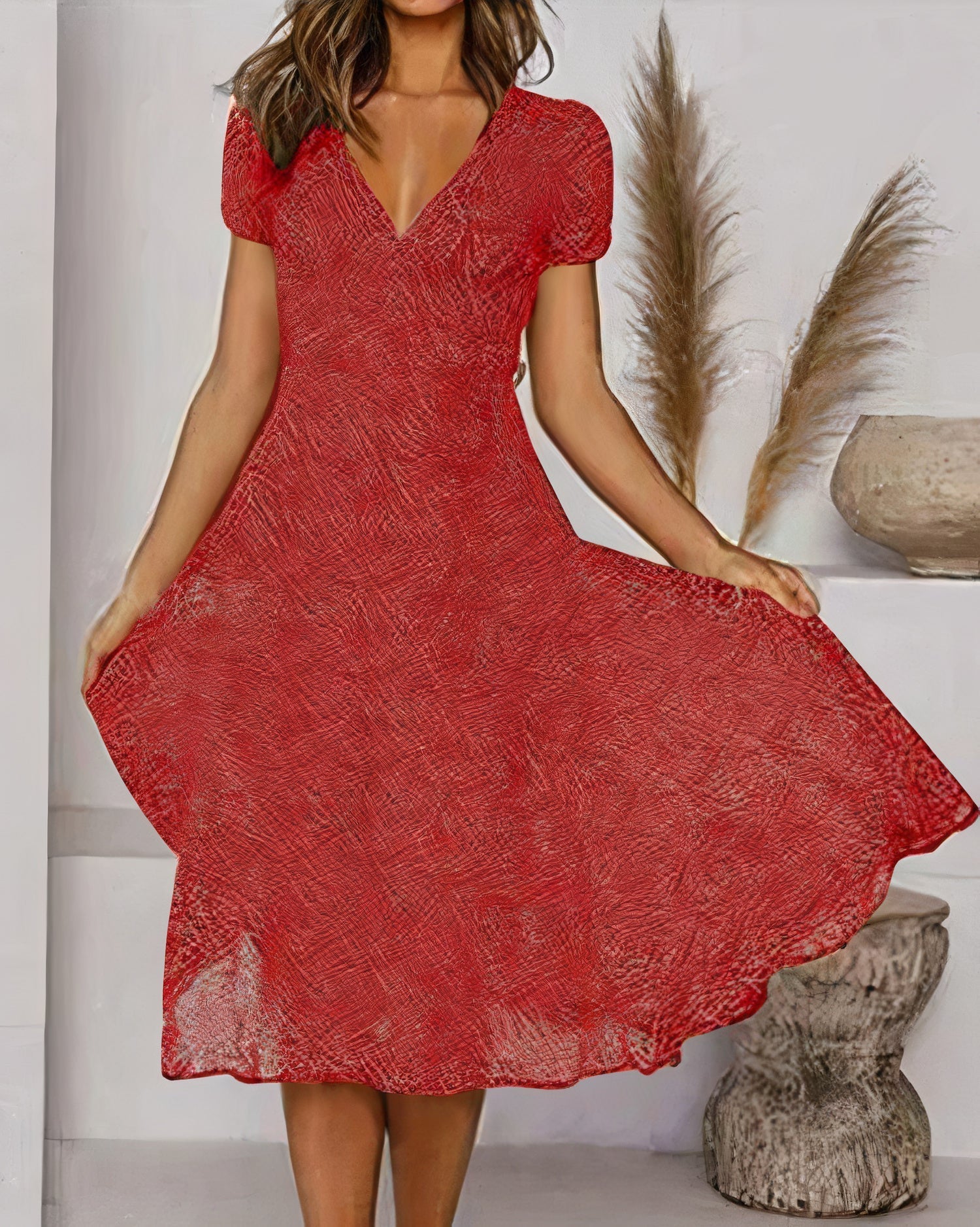 Deep V-Neck Puff Sleeve Fit and Flare A-Line Knee Length Summer Dress