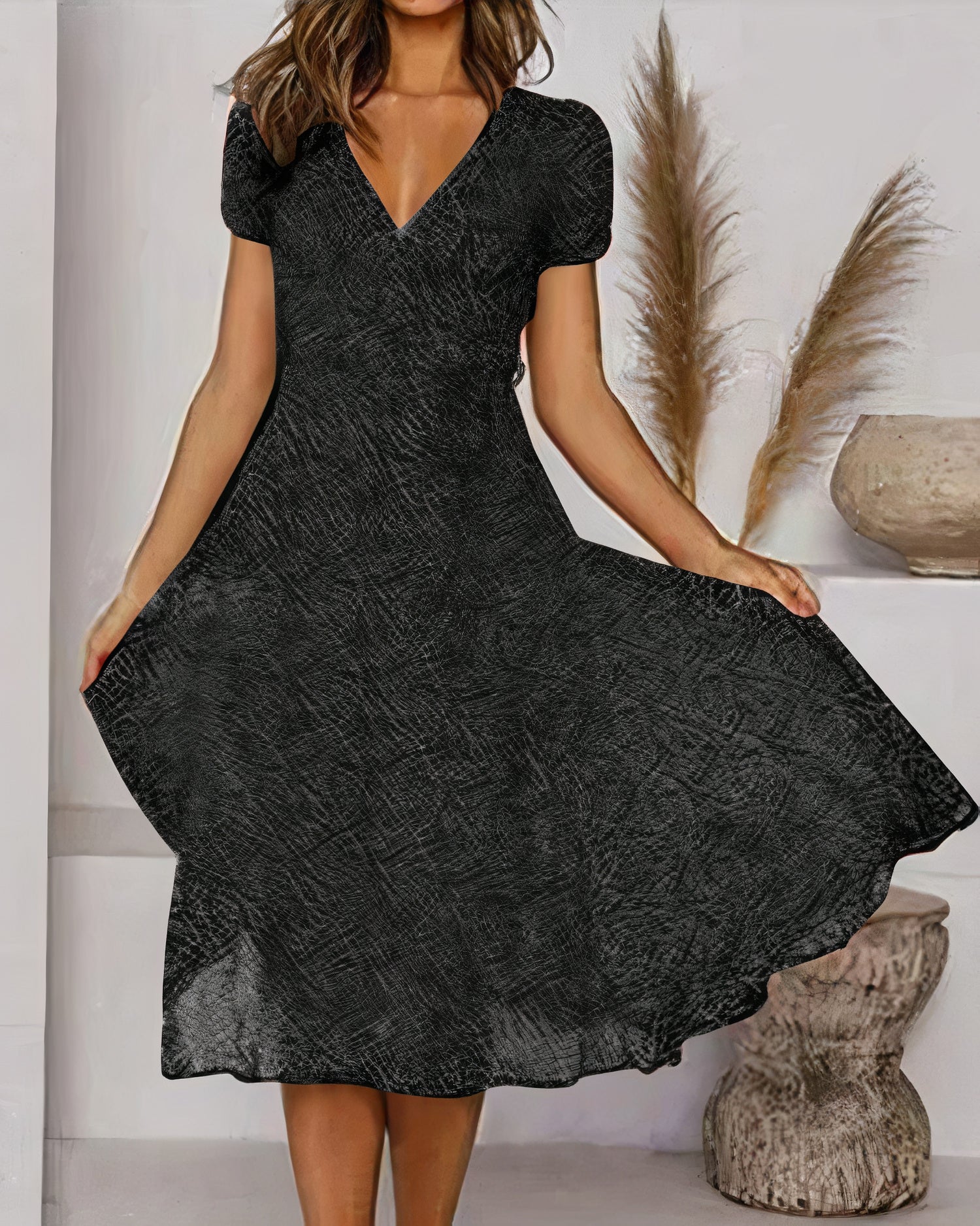 Deep V-Neck Puff Sleeve Fit and Flare A-Line Knee Length Summer Dress