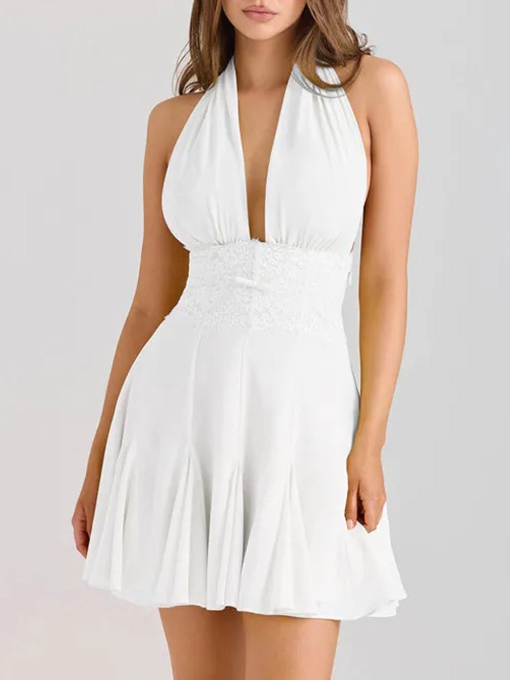 Halter Neck Deep V-Neck Lace Waist Godet Flare Mini Dress