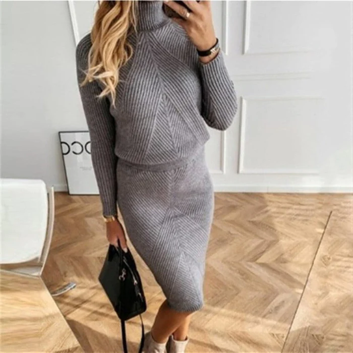 Ribbed Knit Turtleneck Long Sleeve Chevron Midi Skirt Two Piece Set