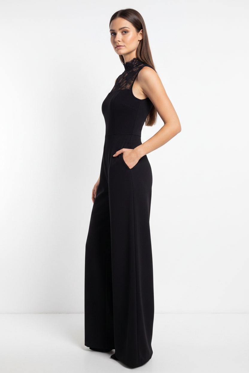 Elegant Sleeveless Lace Jumpsuit with Pockets & Adjustable Straps