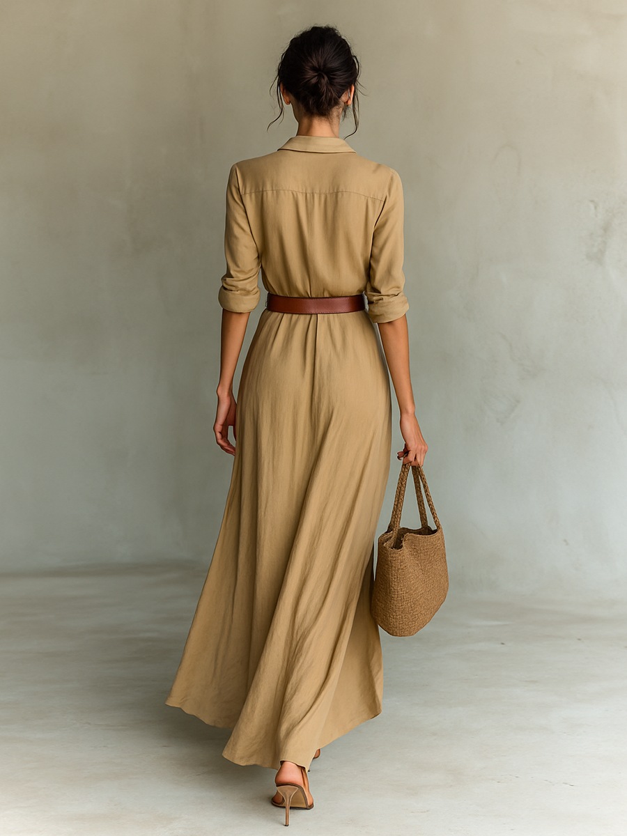 Collared Long Sleeve Shirt and Wrap Maxi Skirt Two Piece Set