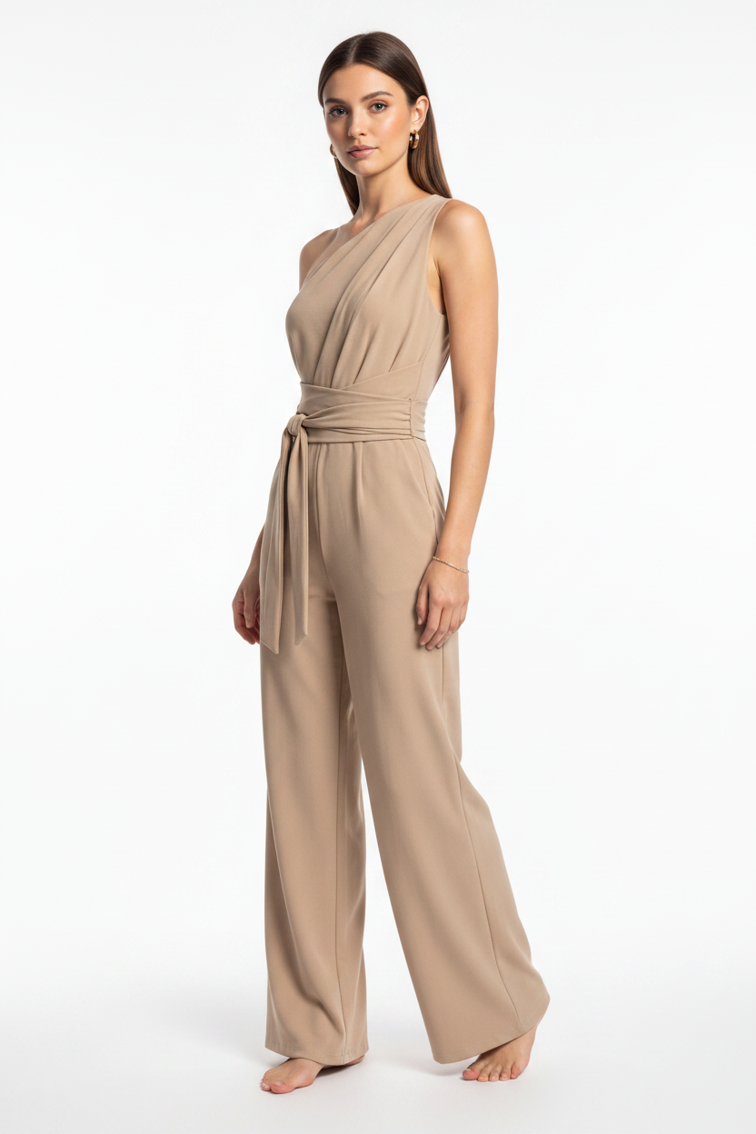 Elegant Asymmetric Wide-Leg Jumpsuit with Pockets & Adjustable Straps