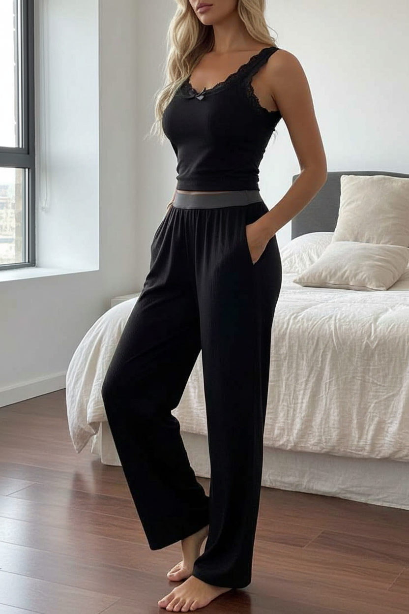 Women's Ribbed Pajama Set with Lace Accents | Soft & Comfortable Loung
