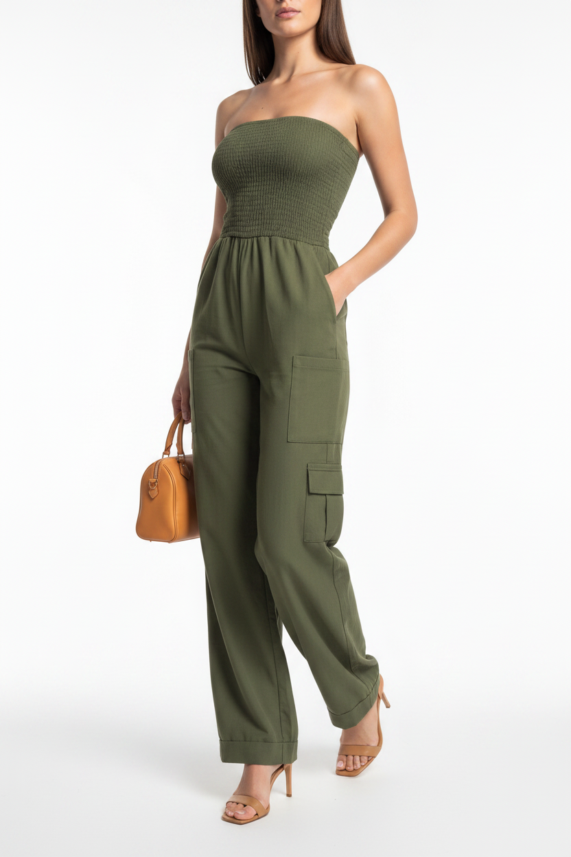Jamota Women's Strapless Olive Green Casual Jumpsuit with Elastic Waist - Pockets and Adjustable Waist
