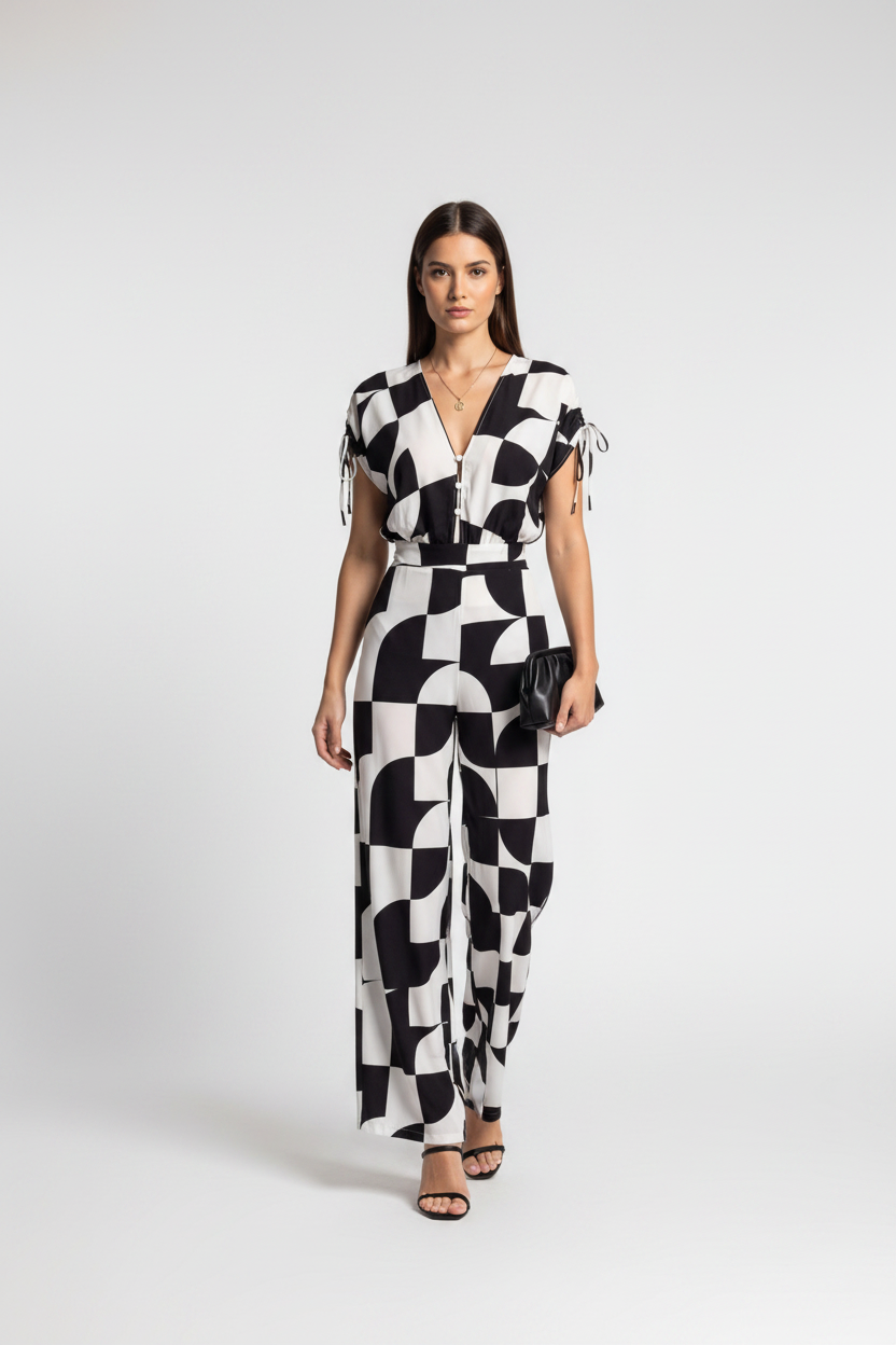 Stylish Geometric Casual Jumpsuit with Pockets and Adjustable Straps