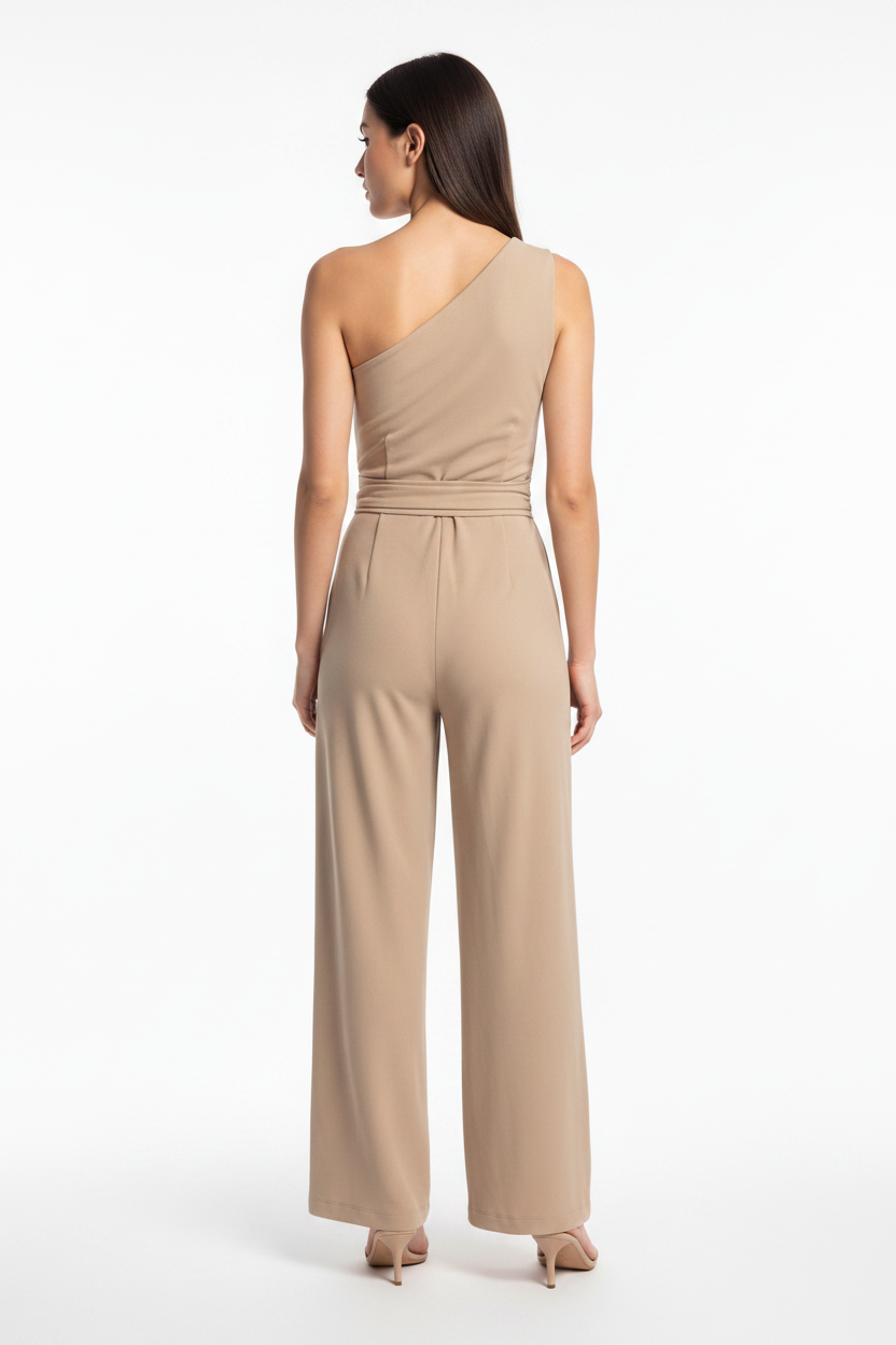 Elegant Asymmetric Wide-Leg Jumpsuit with Pockets & Adjustable Straps
