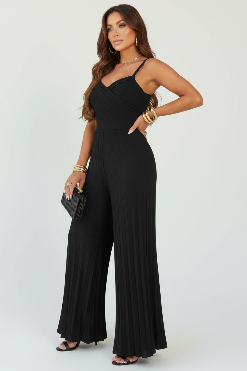 Elegant Wide-Leg Flared Jumpsuit with Adjustable Straps & Pockets