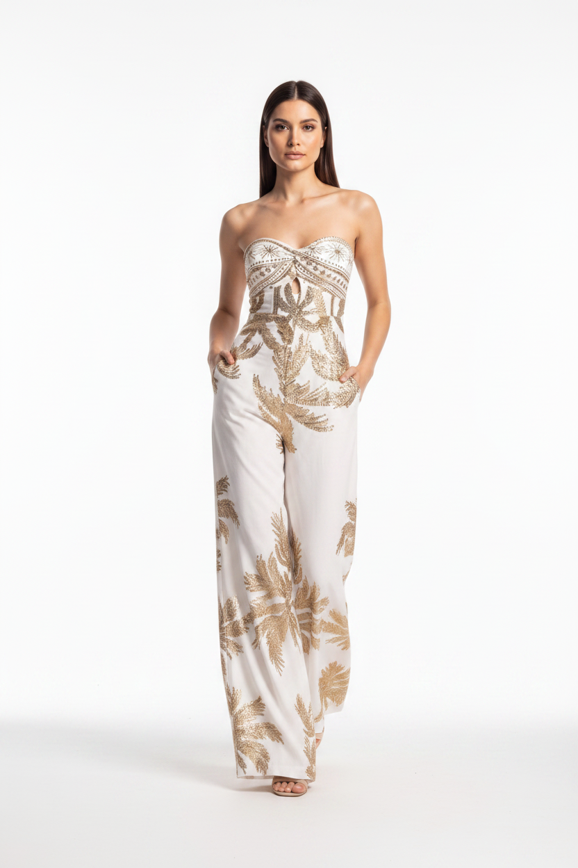 Stylish Tropical Casual Jumpsuit with Adjustable Straps & Pockets
