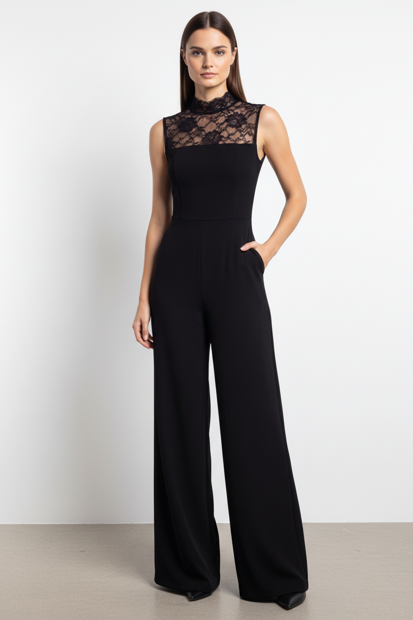 Floral Lace Yoke High Neck Sleeveless Wide Leg Jumpsuit