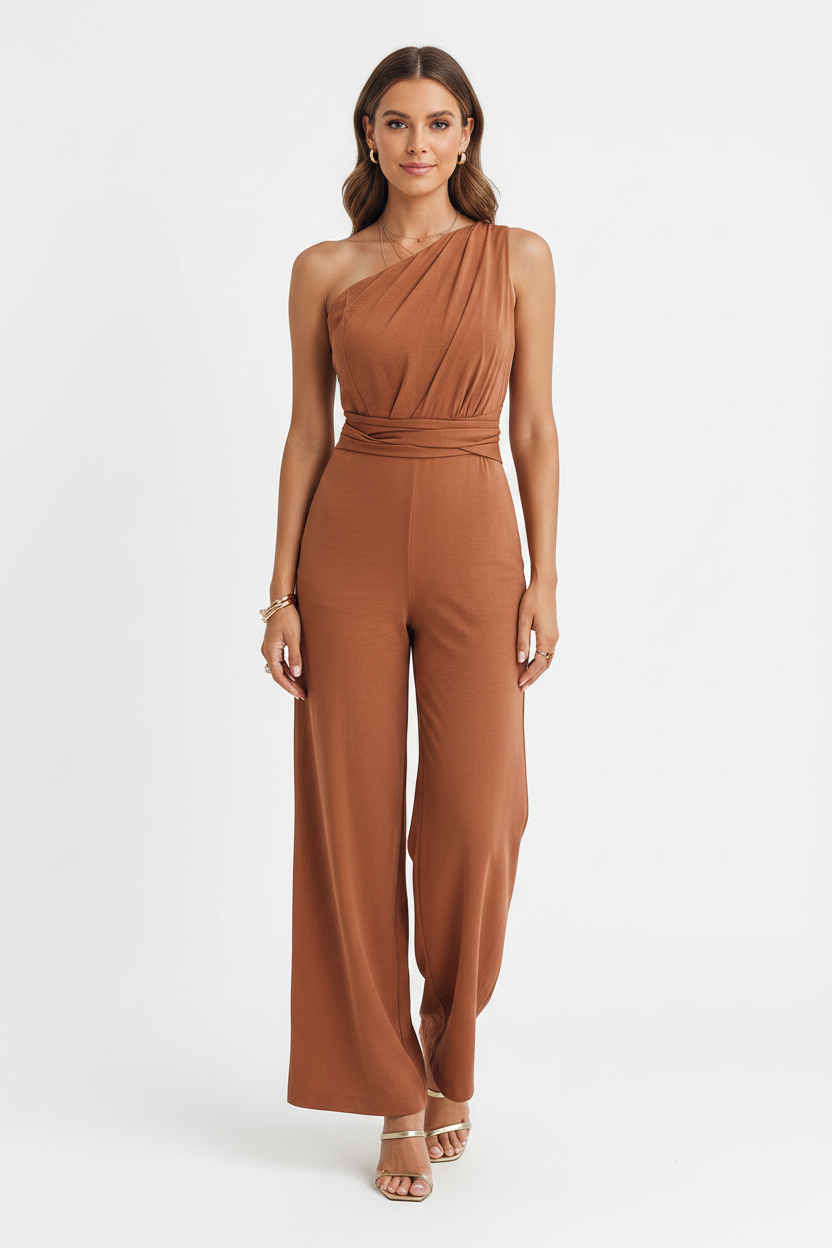 Elegant Asymmetric Wide-Leg Jumpsuit with Pockets & Adjustable Straps