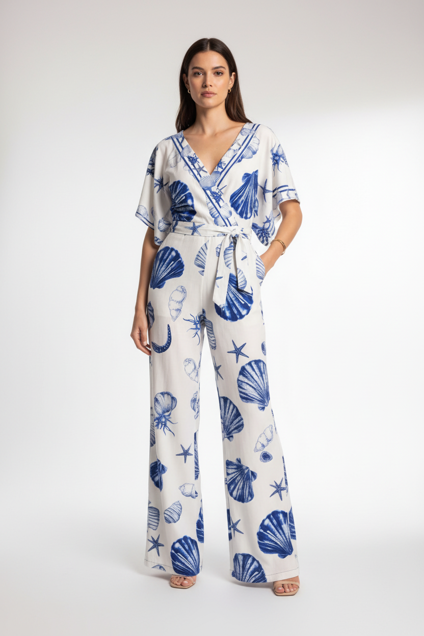 Women's White & Blue Seashell Print Wrap V-Neck Wide Leg Jumpsuit with Adjustable Straps