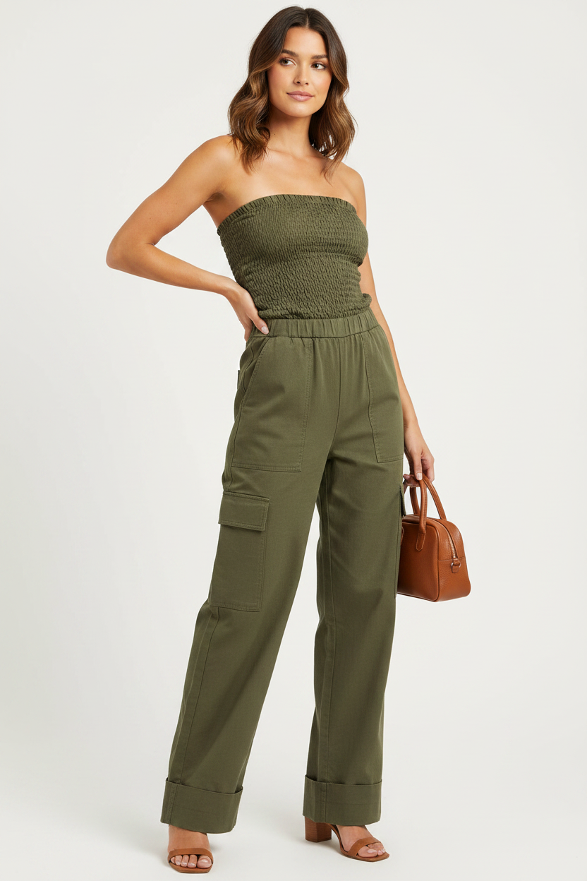 Jamota Women's Strapless Olive Green Casual Jumpsuit with Elastic Waist - Pockets and Adjustable Waist